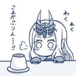 Rule 34 | 1girl, blush, fate/grand order, fate (series), food, greyscale, hands up, horns, ibaraki douji (fate), long hair, monochrome, o o, oni, plate, pointy ears, portrait, pudding, simple background, solo, translation request, white background, yuya090602