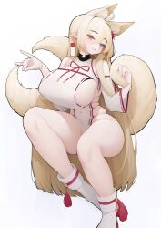 Rule 34 | 1girl, animal ear fluff, animal ears, blonde hair, blush, breasts, covered navel, detached sleeves, earrings, extra ears, fox ears, fox girl, fox shadow puppet, fox tail, highres, huge breasts, jewelry, long hair, looking at viewer, mole, mole on breast, multiple tails, original, pointy ears, rabbit (wlsdnjs950), red eyes, ribbon-trimmed sleeves, ribbon trim, simple background, skin tight, skindentation, solo, tail, tassel, very long hair