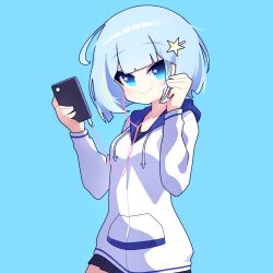 Rule 34 | 1girl, blue background, blue eyes, blue hair, cellphone, cross (vgne4542), earphones, highres, jelly hoshiumi, phase connect, phone, short hair, simple background, solo