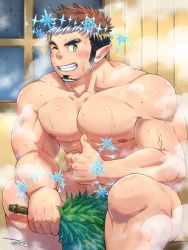 Rule 34 | 1boy, abs, bara, beard, biceps, blush, brown hair, collarbone, completely nude, facial hair, goatee, highres, ice, large pectorals, long sideburns, looking at viewer, male focus, multicolored hair, muscular, nipples, nude, pectorals, plant, pointy ears, sauna, sideburns, sitting, smile, snowflakes, solo, sparkle, steam, sweat, tepen (tptptpn), thumbs up, tokyo houkago summoners, tomte (housamo), two-tone hair, upper body, white hair