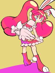 Rule 34 | 1girl, animal ears, boots, cake hair ornament, closed mouth, commentary, cure whip, dress, earrings, extra ears, food-themed hair ornament, frilled dress, frills, full body, gloves, hair ornament, highres, jewelry, kirakira precure a la mode, knee boots, leaning forward, long hair, looking at viewer, looking back, magical girl, paw shoes, pink dress, pink eyes, pink footwear, pink gloves, pink hair, pom pom (clothes), pom pom earrings, precure, puffy short sleeves, puffy sleeves, rabbit ears, short sleeves, simple background, smile, solo, sono (samusu gi), standing, symbol-only commentary, twintails, usami ichika, very long hair, yellow background