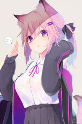 Rule 34 | 1girl, absurdres, animal ear fluff, animal ears, bag, black bow, black jacket, black skirt, blush, bow, breasts, collared shirt, commentary request, dress shirt, grey background, hair between eyes, hair bow, hair ornament, hairclip, hands up, highres, jacket, long sleeves, looking at viewer, mayogii, medium breasts, neck ribbon, open clothes, open jacket, original, parted lips, pink hair, pink ribbon, pleated skirt, purple eyes, ribbon, school bag, school uniform, shirt, signature, simple background, skirt, sleeves past wrists, solo, tail, tail raised, translation request, twintails, white shirt