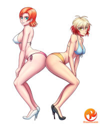 Rule 34 | 2girls, ass, ass-to-ass, bikini, blue eyes, breasts, cleavage, crossover, high heels, highres, looking at viewer, multiple girls, nora valkyrie, orange hair, pascal (tales), pascal (tales), reit, rwby, short hair, simple background, smile, swimsuit, tales of (series), tales of graces, white background, yellow eyes