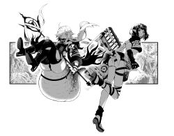 Rule 34 | 2girls, absurdres, arknights, ass, bare shoulders, bob cut, boots, braid, crocodilian tail, detached sleeves, eunectes (arknights), expressionless, female focus, floating, flower, full body, gloves, goggles, goggles on head, greyscale, hair flower, hair ornament, high heel boots, high heels, highres, holding, holding staff, knees up, large tail, long hair, long sleeves, looking at viewer, monochrome, multiple girls, pointy ears, pouch, sandals, shield, simple background, skindentation, snake tail, staff, tail, thigh pouch, thighhighs, thighs, tomimi (arknights), torn clothes, torn legwear, toxin000x, white background, wide sleeves