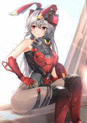 Rule 34 | 1girl, absurdres, animal ears, armor, bare shoulders, black pantyhose, boots, breasts, charolic (girls&#039; frontline 2), closed mouth, feet out of frame, gauntlets, girls&#039; frontline, girls&#039; frontline 2: exilium, grey hair, hand on own hip, hands on own hips, highres, long hair, looking away, muteppona hito, pantyhose, rabbit ears, red eyes, simple background, sitting, solo, sunlight, thighs