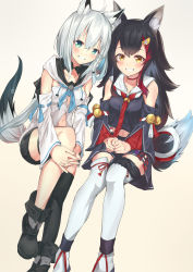 Rule 34 | 2girls, absurdres, animal ear fluff, animal ears, aqua neckwear, asymmetrical legwear, black footwear, black hair, black legwear, black shorts, blue skirt, boots, braid, choker, commentary request, detached sleeves, fox ears, fox girl, fox tail, gradient background, green eyes, grin, highres, hololive, long hair, long sleeves, looking at viewer, matutoki nara05, medium hair, midriff, multicolored hair, multiple girls, navel, neckerchief, ookami mio, ookami mio (1st costume), partial commentary, pleated skirt, red hair, red neckerchief, sailor collar, shirakami fubuki, shirakami fubuki (1st costume), short shorts, shorts, side braid, sidelocks, silver hair, simple background, single braid, single thighhigh, sitting, skirt, smile, streaked hair, tail, teeth, thighhighs, two-tone hair, uneven legwear, virtual youtuber, white legwear, wide sleeves, wolf ears, wolf girl, wolf tail, yellow eyes