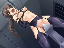 Rule 34 | 1girl, arms behind back, bdsm, bondage, bound, breasts, brown hair, carmine (company), censored, chain, closed eyes, dutch angle, game cg, garter belt, garter straps, indoors, kagura risa, kanzaki naoya, long hair, mosaic censoring, navel, nipples, noise (eroge), ponytail, rope, shibari, slave, small breasts, solo, tears, thighhighs, torment, torture, wooden horse
