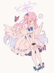 Rule 34 | 1girl, absurdres, airseal, aqua hair, blue archive, blue bow, blush, bow, breasts, bug, butterfly, closed mouth, commentary, dress, feathered wings, flower, full body, grey background, hair bun, hair flower, hair ornament, halo, high heels, highres, insect, invisible chair, long hair, looking at viewer, medium breasts, mika (blue archive), multicolored hair, musical note, orange eyes, pantyhose, pink hair, purple flower, purple hair, simple background, single side bun, sitting, solo, spoken musical note, symbol-only commentary, very long hair, white dress, white pantyhose, white wings, wing ornament, wings