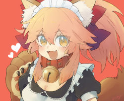 Rule 34 | alternate costume, animal ears, animal hands, apron, bell, breasts, cat paws, cleavage, collar, enmaided, fangs, fate/grand order, fate (series), fox ears, fox tail, gloves, hair ribbon, heart, jingle bell, kidukaji, large breasts, long hair, maid, maid apron, maid headdress, neck bell, open mouth, paw gloves, pink hair, ponytail, red background, red ribbon, ribbon, simple background, solo, tail, tamamo (fate), tamamo cat (fate), tamamo cat (second ascension) (fate)