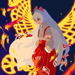 Rule 34 | 1girl, bow, brown shirt, closed mouth, commentary request, cowboy shot, fiery wings, flat chest, fujiwara no mokou, hair bow, hands in pockets, highres, kaigen 1025, long hair, multiple hair bows, no lineart, ofuda, ofuda on clothes, pants, red eyes, red pants, shirt, smile, solo, suspenders, touhou, very long hair, white hair, wings