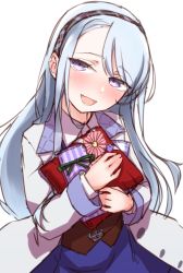 Rule 34 | 1girl, blue dress, blush, box, coat, dress, fang, gift, gift box, hairband, holding, kantai collection, long hair, long sleeves, namaata, official alternate costume, open mouth, plaid, plaid hairband, purple eyes, sagiri (kancolle), silver hair, simple background, solo, valentine, white background, white coat