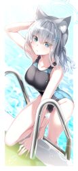 Rule 34 | 1girl, absurdres, amatsuji, animal ear fluff, animal ears, bare arms, bare legs, bare shoulders, barefoot, black one-piece swimsuit, blue archive, blue eyes, blue halo, blush, collarbone, competition swimsuit, cross hair ornament, grey hair, hair ornament, halo, highres, looking at viewer, medium hair, official alternate costume, one-piece swimsuit, parted lips, pool, shiroko (blue archive), shiroko (swimsuit) (blue archive), solo, swimsuit, water, wet, wolf ears