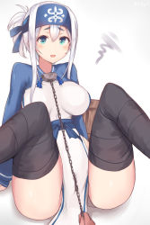 Rule 34 | 10s, 1girl, ainu clothes, artist name, bad id, bad pixiv id, black thighhighs, blue eyes, blush, chain, folded ponytail, hair between eyes, headband, highres, kamoi (kancolle), kantai collection, kinryuu, open mouth, pelvic curtain, short hair, solo focus, thick eyebrows, thighhighs, white background