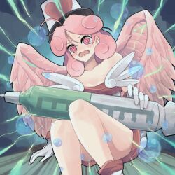 Rule 34 | 1girl, @ @, ahoge, bare shoulders, blush, bubble, collarbone, commission, dress, duel monster, feathered wings, gloves, hat, highres, holding, holding syringe, injection fairy lily, open mouth, oversized object, pink eyes, pink hair, pink wings, pixiv commission, sitting, solo, syringe, tamatarou, white gloves, wings, yu-gi-oh!