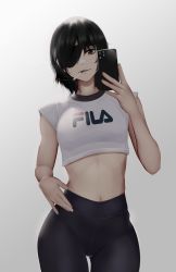 Rule 34 | 1girl, absurdres, alternate costume, bad id, bad pixiv id, black eyes, black hair, black pants, breasts, casual, cellphone, chainsaw man, cigarette, closed mouth, cowboy shot, eyepatch, fila, gradient background, grey background, hair between eyes, hand on own hip, high-waist pants, highres, himeno (chainsaw man), holding, holding phone, leggings, looking at viewer, medium breasts, midriff, mouth hold, navel, one eye covered, pants, phone, product placement, selfie, shirt, short hair, simple background, smartphone, smile, smoke, smoking, solo, taut clothes, tight clothes, tight pants, white shirt, yoga pants, zaki (zaki btw)