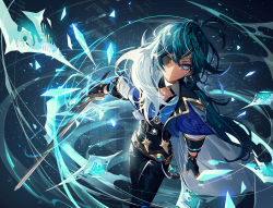 Rule 34 | 1boy, absurdres, belt, black pants, blue eyes, blue hair, blue theme, closed mouth, commentary request, diamond-shaped pupils, diamond (shape), earrings, eyepatch, fingerless gloves, floating hair, fur trim, genshin impact, gloves, highres, holding, holding sword, holding weapon, huge filesize, jewelry, kaeya (genshin impact), crossed legs, light smile, long hair, looking at viewer, male focus, mura karuki, pants, ponytail, single earring, solo, spiked gloves, spikes, sword, symbol-shaped pupils, vision (genshin impact), weapon