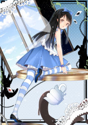 Rule 34 | 1girl, ace (playing card), ace of hearts, ace of spades, adapted costume, apron, bare arms, bare shoulders, black footwear, black hair, blue bow, blue dress, blue pantyhose, blue sky, bow, brown eyes, card, chain, cloud, cup, day, dress, fairy wings, freeze (867139), frilled apron, frills, hair bow, heart, highres, lace, long hair, looking at viewer, mary janes, open mouth, outside border, pantyhose, petticoat, plant, playing card, pointy ears, shoes, short dress, sidelocks, sky, sleeveless, sleeveless dress, solo, spade (shape), star sapphire, striped clothes, striped pantyhose, teacup, touhou, vines, waist apron, white apron, white pantyhose, window, wings, wrist cuffs