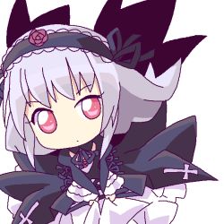 Rule 34 | 00s, 1girl, black dress, black wings, chibi, dress, flower, frilled sleeves, frills, hairband, lolita hairband, long sleeves, looking at viewer, mirai (sugar), own hands together, pink eyes, rose, rozen maiden, silver hair, solo, suigintou, wings