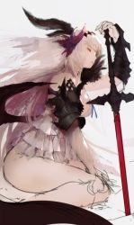 Rule 34 | 10s, 1girl, armor, bottomless, breasts, camisole, cleavage, dark jeanne, feather hair ornament, feathers, granblue fantasy, hair ornament, long hair, nido celisius, sitting, solo, sword, unfinished, very long hair, wariza, weapon, white hair, wings