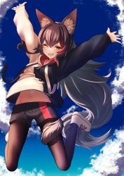 Rule 34 | 1girl, :d, absurdres, animal ear fluff, animal ears, arms up, black hair, black pantyhose, blue sky, brown eyes, cloud, cloudy sky, day, fang, full body, highres, hololive, inaba teitoku, jacket, jumping, long hair, long sleeves, looking at viewer, multicolored hair, navel, one eye closed, ookami mio, ookami mio (casual), open mouth, pantyhose, red hair, shoes, shorts, sky, smile, sneakers, solo, stomach, streaked hair, tail, tail around own leg, very long hair, virtual youtuber, wolf ears, wolf girl, wolf tail