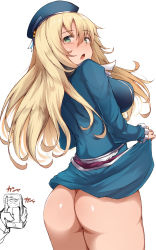 Rule 34 | 10s, 1girl, ass, atago (kancolle), beret, blonde hair, breasts, butt crack, cellphone, clothes lift, dress, dress lift, from behind, green eyes, hair between eyes, hat, highres, kantai collection, large breasts, lifting own clothes, lips, long hair, military, military uniform, moruta (sunu-pio), no legwear, no panties, open mouth, phone, skindentation, solo, thighs, tongue, uniform