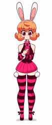 Rule 34 | 1girl, animal ears, animated, animated gif, bare shoulders, brown hair, cellphone, diives, highres, hunter x hunter, phone, piyon (hunter x hunter), purple eyes, rabbit ears, rabbit tail, short hair, skirt, solo, striped clothes, striped thighhighs, tail, thighhighs