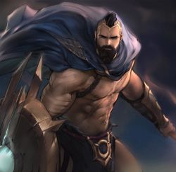 Rule 34 | 1boy, abs, bara, bare pectorals, beard, blue cape, cape, dopey (dopq), facial hair, feet out of frame, highres, holding, holding shield, looking at viewer, male focus, male pubic hair, mature male, mohawk, muscular, muscular male, mustache, navel, navel hair, nipples, original, pantheon (league of legends), pectorals, pelvic curtain, pubic hair, revealing clothes, sand, scar, scar on chest, shield, short hair, solo, spread legs, stomach, thick eyebrows, thighs, wind