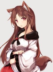 Rule 34 | 1girl, animal ears, breasts, brooch, brown hair, collarbone, dress, imaizumi kagerou, jewelry, long sleeves, looking at viewer, red eyes, sangatsu saki, simple background, solo, tail, touhou, wide sleeves, wolf ears, wolf tail