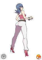 Rule 34 | 00s, 1girl, ass, bad deviantart id, bad id, belt, black hair, bracelet, breasts, collaboration, covered erect nipples, creatures (company), crop top, from behind, full body, game freak, gym leader, high heels, highres, jewelry, long legs, looking at viewer, looking back, maniacpaint, medium breasts, nintendo, patreon, poke ball, pokemon, pokemon hgss, purple eyes, reit, sabrina (pokemon), short hair, solo, spaghetti strap, white background