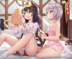 Rule 34 | 3girls, :d, :o, ahoge, alternate eye color, animal, animal ear fluff, animal ears, antenna hair, baguette, bare arms, bare legs, bare shoulders, bed sheet, bell, black hair, black panties, blue eyes, blush, bow, braid, bread, breasts, brushing another&#039;s hair, brushing hair, camisole, cat, cat ears, cat girl, cat tail, chintora0201, collarbone, comb, fang, flower, food, french braid, frilled sleeves, frills, green eyes, hair between eyes, hair bow, hair flower, hair ornament, highres, holding, holding animal, holding cat, indoors, jingle bell, karyl (princess connect!), knees up, kokkoro (princess connect!), long hair, long sleeves, low twintails, mole, mole on breast, multicolored hair, multiple girls, on bed, open mouth, orange hair, panties, pecorine (princess connect!), peeking, pointy ears, princess connect!, purple bow, purple eyes, shirt, short hair, sitting, skin fang, sleep mask, small breasts, smile, socks, spoken food, streaked hair, tail, twintails, underwear, very long hair, wariza, white flower, white hair, white legwear, white shirt, yellow eyes, yukkuri shiteitte ne, yuuki (princess connect!)
