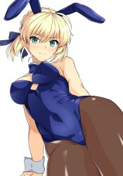 Rule 34 | 1girl, ahoge, animal ears, artoria pendragon (all), artoria pendragon (fate), blonde hair, blue bow, blue bowtie, blue leotard, blue ribbon, blush, bow, bowtie, breasts, brown pantyhose, closed mouth, covered navel, detached collar, fake animal ears, fate/grand order, fate/stay night, fate (series), from below, green eyes, hair ribbon, haruhisky, highres, leotard, looking at viewer, medium breasts, pantyhose, playboy bunny, rabbit ears, ribbon, saber (fate), simple background, solo, standing, white background, white wrist cuffs, wrist cuffs