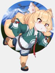 Rule 34 | 1girl, animal ear fluff, animal ears, belt, belt buckle, bike shorts, black footwear, black shorts, blonde hair, blue shorts, brown belt, buckle, copyright request, fox ears, fox girl, fox tail, full body, furry, furry female, green kimono, highres, japanese clothes, kimono, kitsune, kuro kosyou, long sleeves, parted lips, pinching sleeves, red eyes, sandals, short eyebrows, short shorts, shorts, sleeves past wrists, solo, standing, standing on one leg, tail, thick eyebrows, virtual youtuber, wide-eyed, wide sleeves, zouri