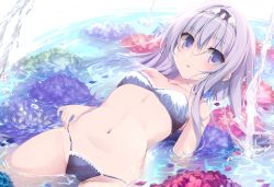 Rule 34 | 1girl, absurdres, bare shoulders, bikini, blue bikini, blue eyes, breasts, collarbone, commentary request, flower, groin, headdress, highres, hydrangea, karory, long hair, looking at viewer, lying, navel, on back, original, parted lips, petals, petals on liquid, purple flower, red flower, sidelocks, silver hair, small breasts, solo, stomach, string bikini, swimsuit, thighs, water, wet