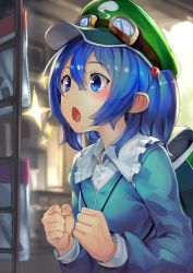 Rule 34 | 1girl, backpack, bag, blue eyes, blue hair, blush, goggles, goggles on headwear, hair bobbles, hair ornament, hat, highres, kawashiro nitori, long sleeves, open mouth, scottie (phantom2), short hair, solo, sparkle, touhou, twintails, two side up