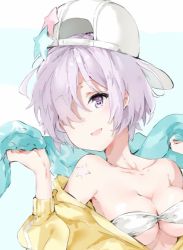 Rule 34 | 1girl, alternate costume, backwards hat, bad id, bad pixiv id, bare shoulders, bb (fate), bb (fate/extra), breasts, chuchugou, cleavage, collarbone, fate/grand order, fate (series), hair over one eye, hat, light purple hair, mash kyrielight, medium breasts, open mouth, purple eyes, short hair, smile, solo, star tattoo, tattoo, upper body