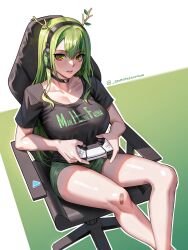 Rule 34 | 1girl, absurdres, alternate costume, antlers, bandaid, bandaid on knee, bandaid on leg, black choker, black shirt, breasts, ceres fauna, chair, choker, clothes writing, commentary, controller, english commentary, english text, feet out of frame, game controller, gaming chair, green hair, green shorts, hair between eyes, headphones, heart, heart choker, heart o-ring, highres, holding, holding controller, holding game controller, hololive, hololive english, horns, large breasts, long hair, looking at viewer, mole, mole under eye, o-ring, o-ring choker, on chair, parted lips, seventeencrows, shirt, short shorts, short sleeves, shorts, simple background, solo, swivel chair, teeth, twitter username, virtual youtuber, yellow eyes