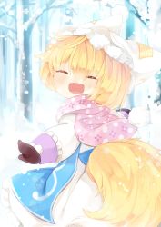 Rule 34 | 1girl, :d, ^ ^, absurdres, aged down, animal hat, blonde hair, closed eyes, dress, facing viewer, fox tail, hat, highres, japa, looking at viewer, mittens, mob cap, open mouth, outstretched arms, mob cap, scarf, short hair, smile, snow, snowing, solo, spread arms, tabard, tail, touhou, tree, yakumo ran