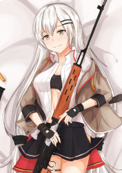 Rule 34 | 1girl, absurdres, barcode, barcode tattoo, black gloves, black skirt, breasts, brown jacket, cleavage, dragunov svd, from above, girls&#039; frontline, gloves, grey eyes, grey hair, gun, hair ornament, hairclip, highres, huge filesize, jacket, long hair, looking at viewer, medium breasts, military, military uniform, muteppona hito, open clothes, open shirt, rifle, shirt, simple background, skirt, smile, sniper rifle, solo, svd (girls&#039; frontline), tattoo, uniform, weapon, white hair, white shirt