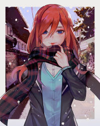 Rule 34 | 1girl, blouse, blue eyes, blue vest, border, building, commentary request, go-toubun no hanayome, grey border, long hair, looking at viewer, nakano miku, plaid, plaid scarf, red hair, scarf, shirt, smile, snow, solo, vest, white shirt, winter, ziiiing