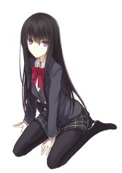 Rule 34 | 1girl, between legs, black hair, bow, bowtie, expressionless, kauto, long hair, looking at viewer, original, pantyhose, purple eyes, ribbon, school uniform, simple background, sitting, skirt, solo, wariza, white background