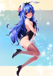 Rule 34 | 1girl, alternate costume, animal ears, blue hair, blush, breasts, dot r, embarrassed, female focus, food, frown, fruit, full body, gradient background, hand on own chest, hat, high heels, hinanawi tenshi, legs folded, leotard, long hair, looking at viewer, peach, playboy bunny, polka dot, polka dot background, rabbit ears, red eyes, sideboob, solo, sparkle, tears, thighhighs, touhou, uu~, wavy mouth, wrist cuffs
