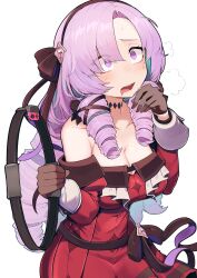Rule 34 | 1girl, @ @, absurdres, bare shoulders, breasts, breath, brown gloves, brown hairband, brown ribbon, brown sash, choker, cleavage, dress, drill hair, drooling, exhausted, gloves, hair ribbon, hairband, hatyuuruinohito, highres, hyakumantenbara salome, hyakumantenbara salome (1st costume), joy-con, large breasts, long hair, long sleeves, nijisanji, off-shoulder dress, off shoulder, open mouth, parted bangs, puffy long sleeves, puffy sleeves, purple eyes, purple hair, red dress, ribbon, ring-con, ring fit adventure, simple background, solo, virtual youtuber, white background
