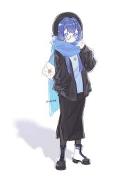Rule 34 | 1girl, beret, black hat, black jacket, black pantyhose, black skirt, blue eyes, blue hair, blue scarf, blush, boots, closed mouth, commentary request, cross-laced footwear, full body, glasses, hair intakes, hand in pocket, hand up, hat, highres, honkai: star rail, honkai (series), jacket, lace-up boots, littletreeee, long hair, long sleeves, looking at viewer, open clothes, open jacket, pantyhose, pela (honkai: star rail), puffy long sleeves, puffy sleeves, scarf, shadow, shirt, simple background, skirt, sleeves past wrists, solo, standing, twitter username, very long hair, white background, white footwear, white shirt