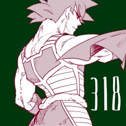 Rule 34 | 1boy, armor, back turned, bandana, bardock, dragon ball, fukuko fuku, green background, looking away, male focus, serious, short hair, simple background, solo, spiked hair, tail