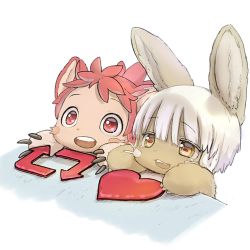 Rule 34 | animal ears, blush stickers, rabbit ears, claws, furry, made in abyss, meme, mitty (made in abyss), mitty (made in abyss) (furry), nanachi (made in abyss), official art, open mouth, red eyes, red hair, simple background, teeth, tsukushi akihito, twitter, whiskers, white background, white hair