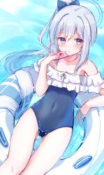 Rule 34 | 1girl, baram, bare shoulders, blue archive, blue bow, blue one-piece swimsuit, blush, bow, breasts, cellphone, cleavage, collarbone, commentary request, feet out of frame, frilled one-piece swimsuit, frills, grey hair, hair between eyes, hair bow, halo, hand up, highres, holding, holding phone, innertube, long hair, looking at viewer, miyako (blue archive), miyako (swimsuit) (blue archive), off-shoulder one-piece swimsuit, off shoulder, one-piece swimsuit, parted lips, phone, ponytail, purple eyes, small breasts, solo, swim ring, swimsuit, very long hair, water