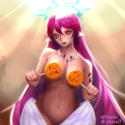 Rule 34 | 1girl, angel wings, black nails, blue triangular, breasts, cleavage, spiked halo, copyright name, cross, feathered wings, halo, highres, jibril (no game no life), large breasts, light smile, lipstick, long hair, looking at viewer, low wings, magic circle, makeup, nail polish, navel, no game no life, nude, orange eyes, pink hair, red lips, solo, symbol-shaped pupils, tattoo, very long hair, white wings, wing ears, wings
