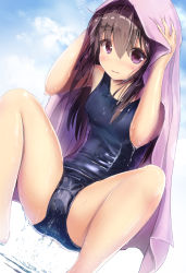 Rule 34 | 1girl, bad id, bad pixiv id, blue one-piece swimsuit, blue sky, blush, breasts, brown hair, cloud, day, dripping, drying, drying hair, dutch angle, eyebrows, hair between eyes, hands on own head, highres, long hair, looking at viewer, missile228, one-piece swimsuit, original, parted lips, purple eyes, revision, school swimsuit, shiny skin, sky, small breasts, solo, squatting, swimsuit, towel, towel on head, water, wet, wet hair