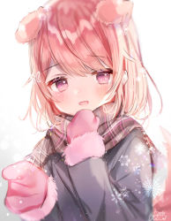 Rule 34 | 1girl, :d, animal ears, bad id, bad pixiv id, black jacket, blush, brown scarf, commentary request, copyright request, dog ears, dog girl, dog tail, fringe trim, fur-trimmed mittens, fur trim, gradient background, grey background, hands up, highres, indie virtual youtuber, jacket, long sleeves, looking at viewer, mittens, open mouth, pink mittens, plaid, plaid scarf, purple eyes, red hair, rucaco, scarf, signature, smile, snowflakes, solo, tail, tail raised, upper body, virtual youtuber, white background