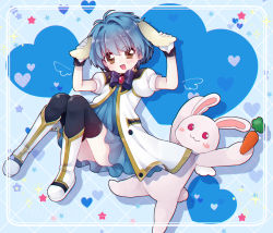 Rule 34 | 1girl, :d, animal ears, black thighhighs, blue hair, blush, bow, brown eyes, carrot, full body, galaxy angel, gloves, heart, highres, looking at viewer, mint blancmanche, morokoshi (moroko shi33), open mouth, rabbit, rabbit ears, red eyes, short sleeves, smile, solo, thighhighs, white footwear, white gloves
